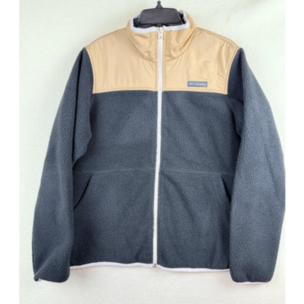 Columbia Mens Large Full Zip Fleece Jacket Navy Blue Tan Colorblock Mock Neck